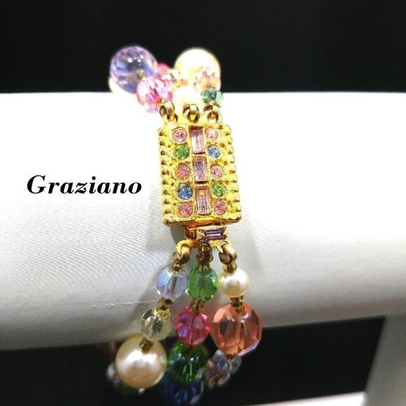 Vintage Beaded Crystal Bracelet, 3 Strands, Graziano Pastel Crystal Beads, 8 In. - Picture 2 of 11